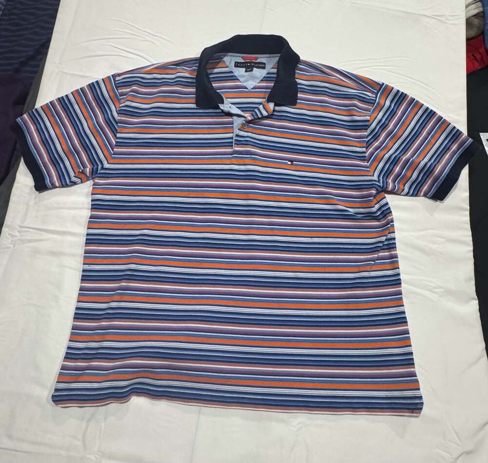 Tommy Hilfiger Men's Multicolor Striped Short Sleeve Polo  XL vintage